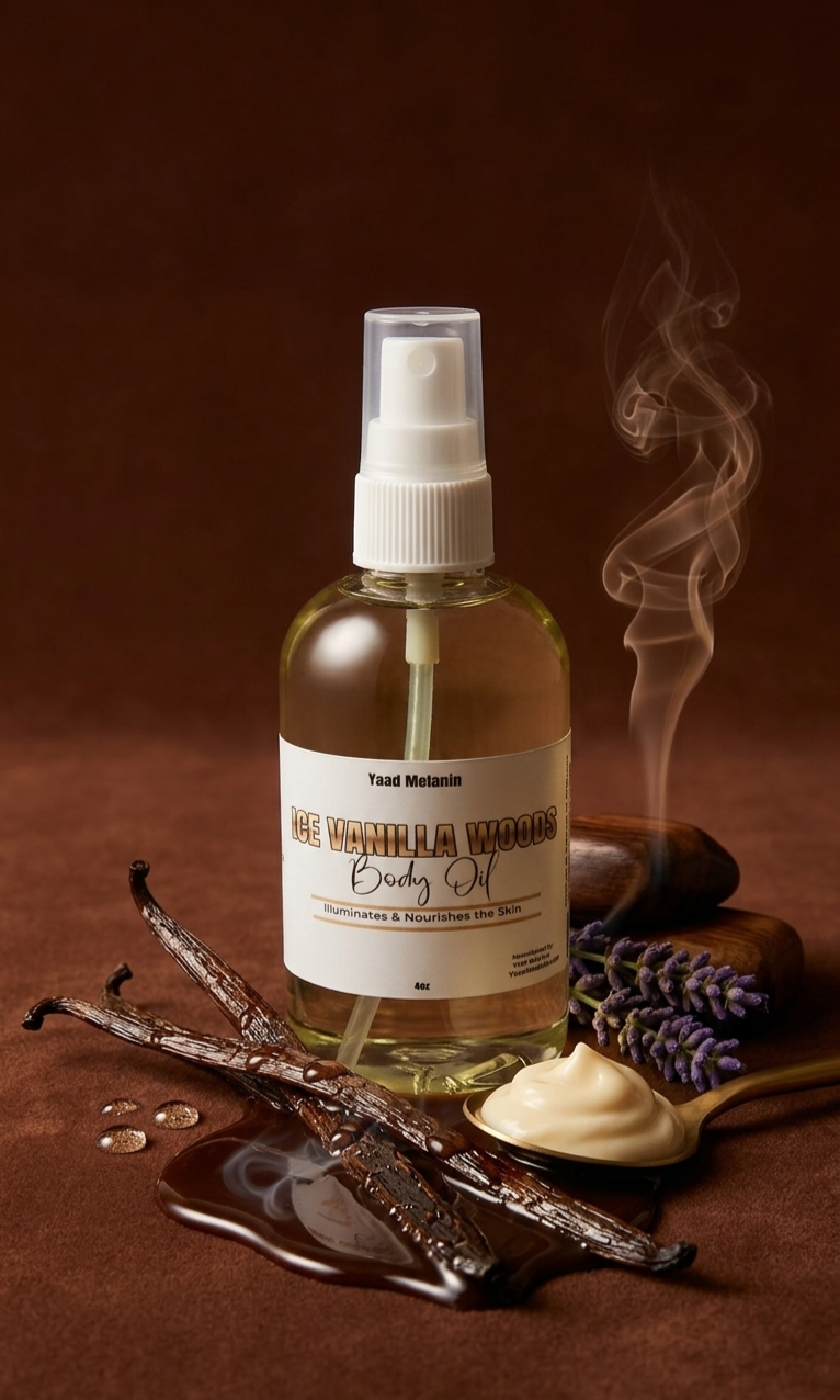 Bottle of ice vanilla body oil with vanilla beans, lavender, and chocolate on a brown background