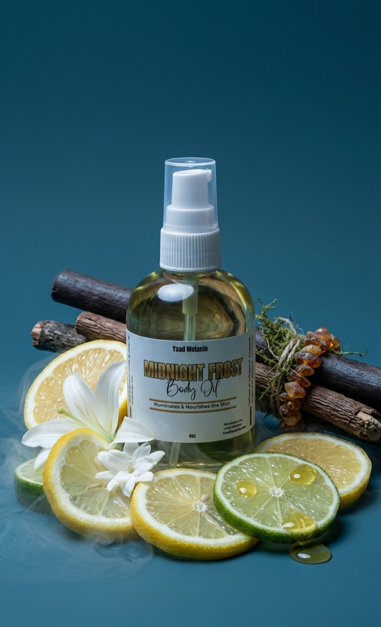 Bottle of 'Midnight Frost' body oil with lemons and lime slices on a blue background